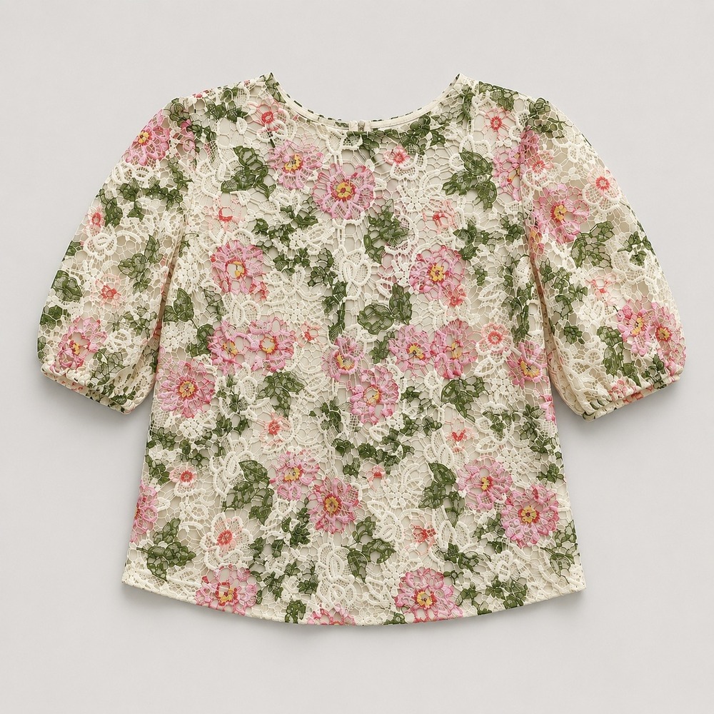 Nanette Lepore Floral Lace Top M Pink Ivory Multi Embroidered Puff Sleeve Blouse